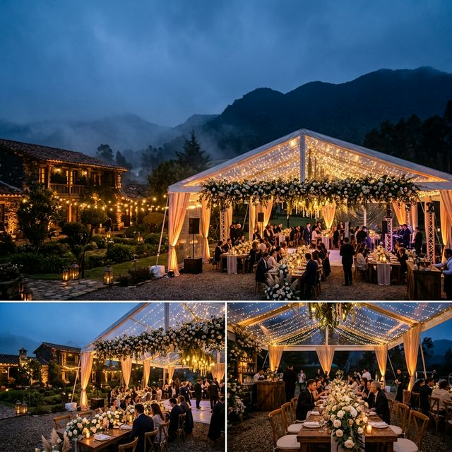 Boda de invierno con iluminación cálida en hacienda de la Sabana de Bogotá