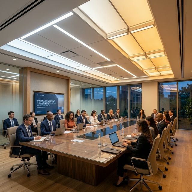 Iluminación biodinámica en sala de conferencias corporativa