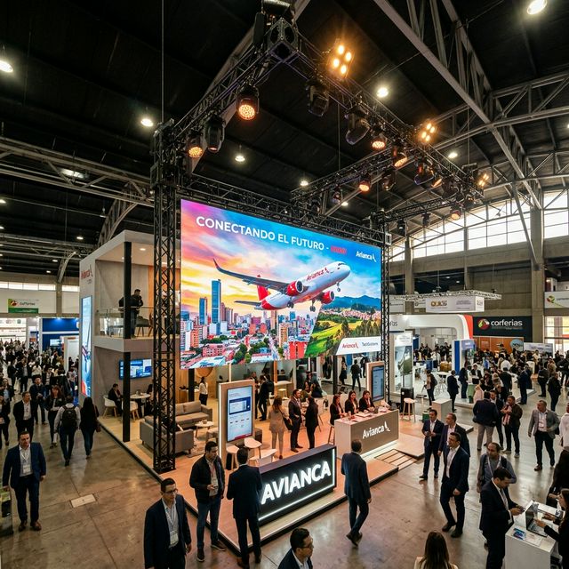 Montaje de pantalla LED gigante en feria de Corferias Bogotá